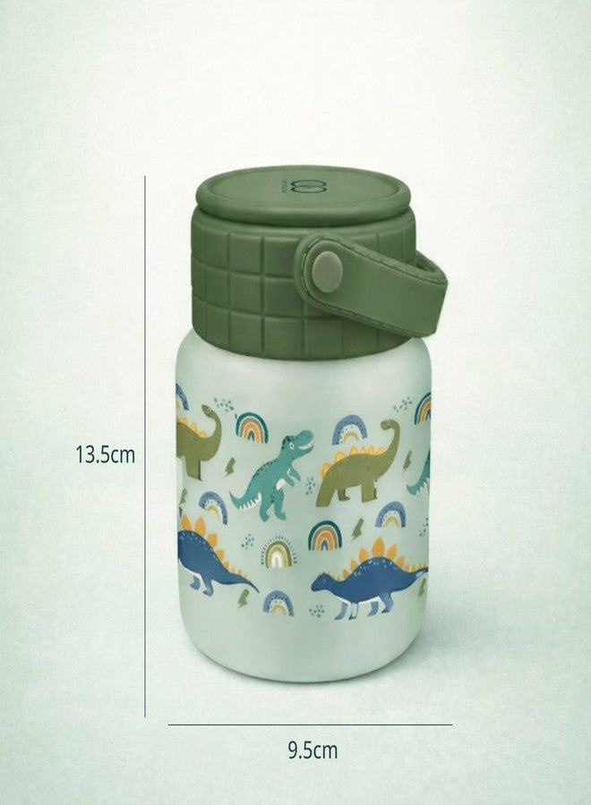 ONE AND ONLY مرطبان طعام فريد من نوعه مصنوع من الفولاذ المقاوم للصدأ، سعة 450 مل، معزول بتفريغ الهواء، ذو فوهة واسعة، مزود بغطاء محكم الإغلاق مانع للتسرب، وملعقة قابلة للطي مخفية، ومقبض من السيليكون، وقاعدة مانعة للانزلاق، بتصميم ديناصور أخضر. - Image 5